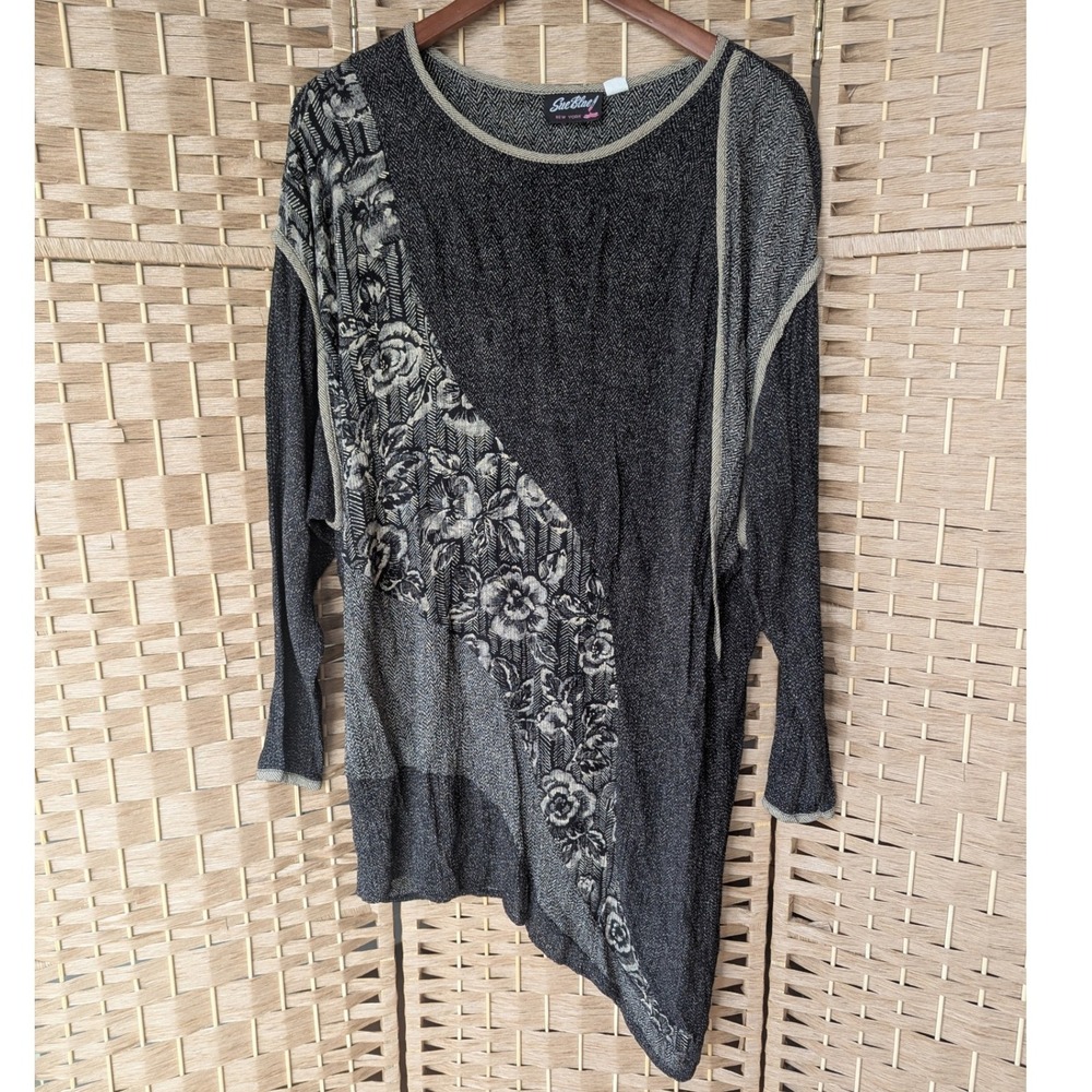 Vtg 90's Tunic Top Black Gray Floral Asymmetrical Hem Womens Sm Lagenlook Artsy‎